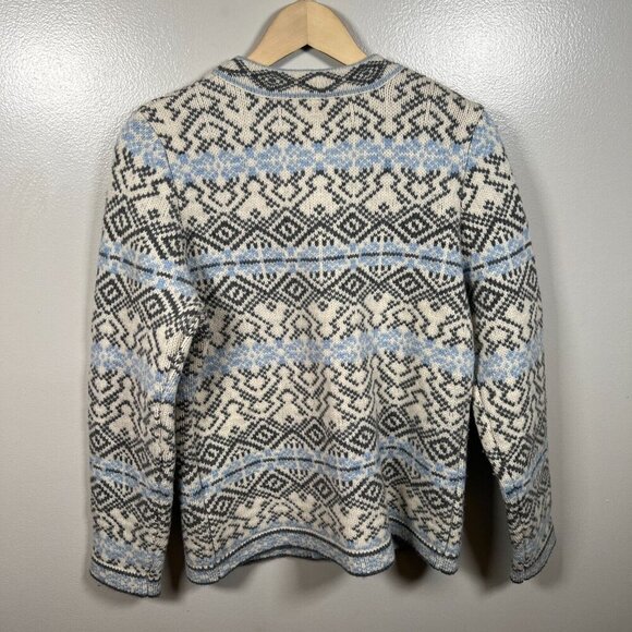 L.L. Bean Nordic Sweater Womens Size Medium Lambs Wool Fair Isle Icelandic Blue - Picture 2 of 10